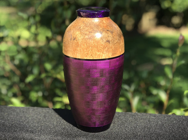 Maple Burl and Segmented Wood Urn with Dyed Resin Accents